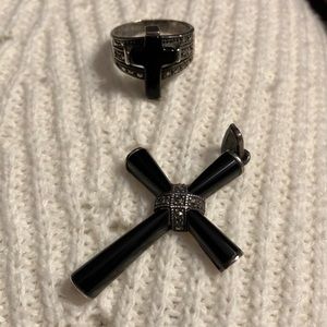 Sterling and black cross and ring set accented by marcasites. Ring Size 7